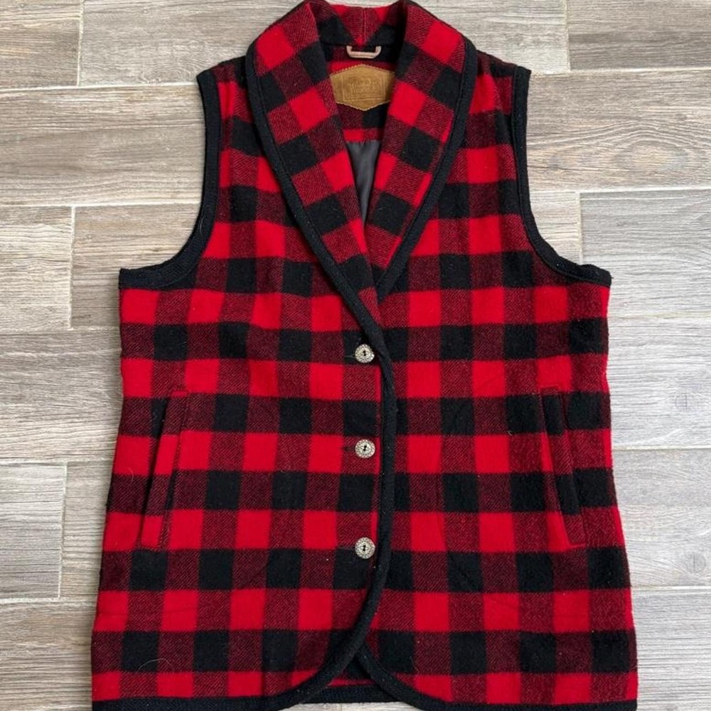 Vintage Woolrich Womens Red Buffalo Plaid Vest Wool Thick Long Size Large USA